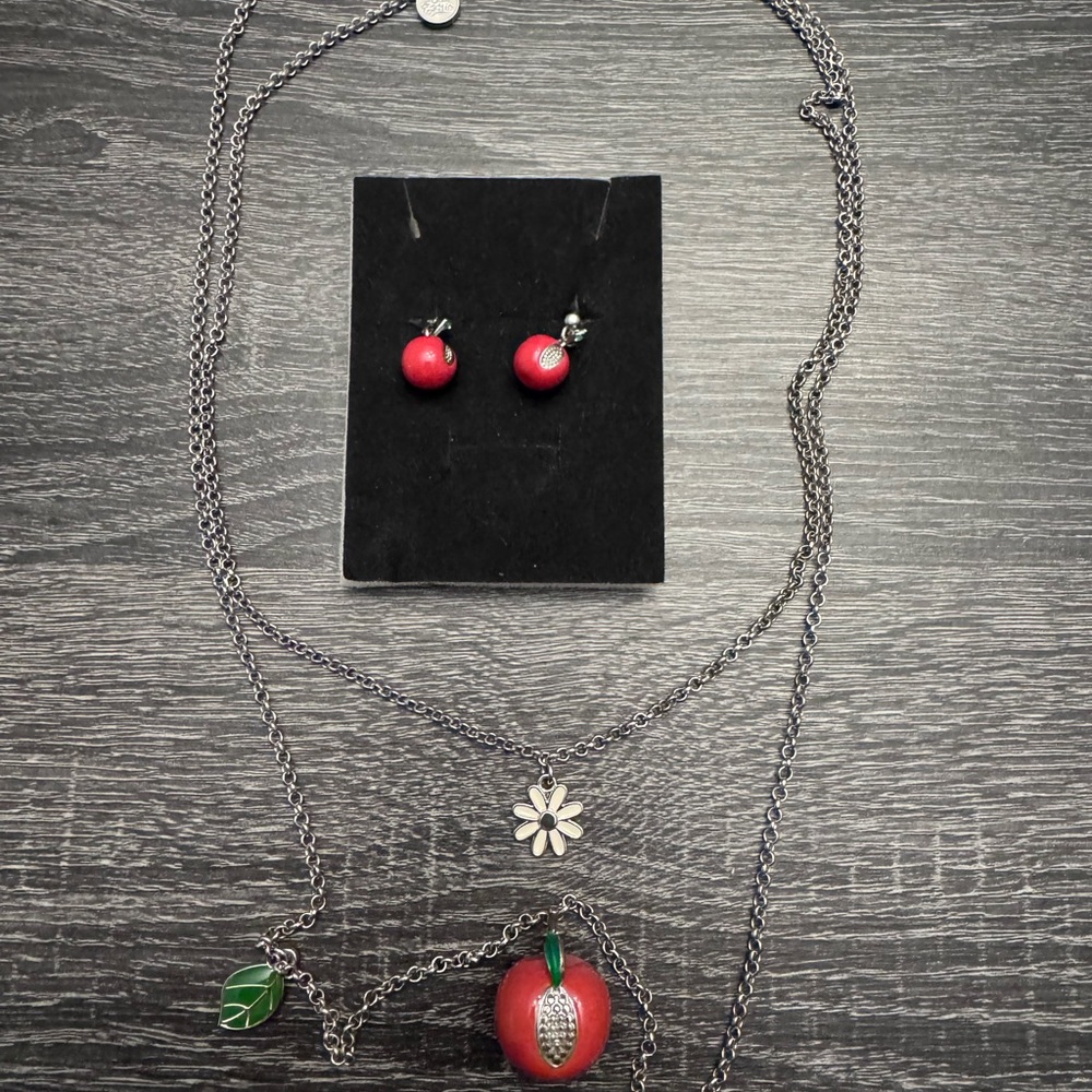 Elegant Silver and Red Apple Jewelry Set